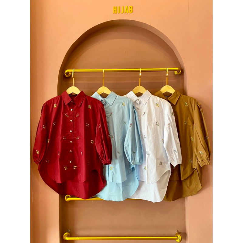 Ashilla Blouse - Blouse Bordir Bunga Bunga - Kemeja Oversize Lengan Karet