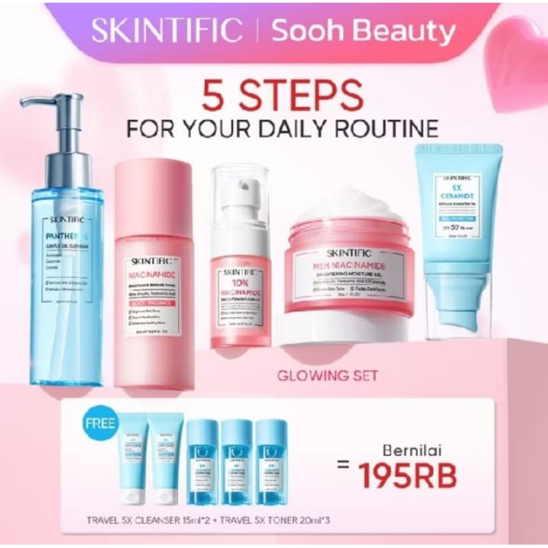SKINTIFIC Paket Skincare Set | Brightening Serum +Glowing Moisturizer Gel/Day Night Cream + Facial W