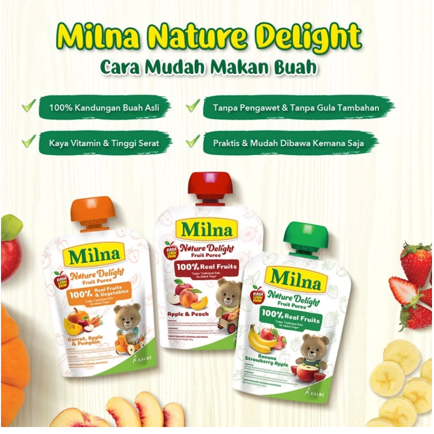 Snack Buah Milna Nature Delight Fruit Puree Pouch 80gr - Apple, Banana, Strawberry / Apple Peach