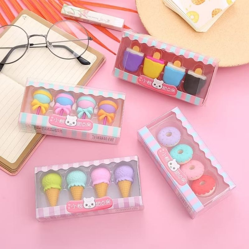 

{PREMIUM} - penghapus 4 pcs / Set lucu bentuk eskrim karet hapus lolipop donst pensil karakter sweet. penghapus unik import premium