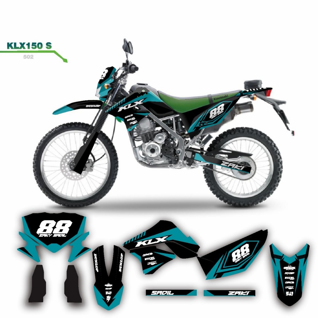 decal keren stiker full body klx 150 s variasi striping motif fox biru tosca hitam