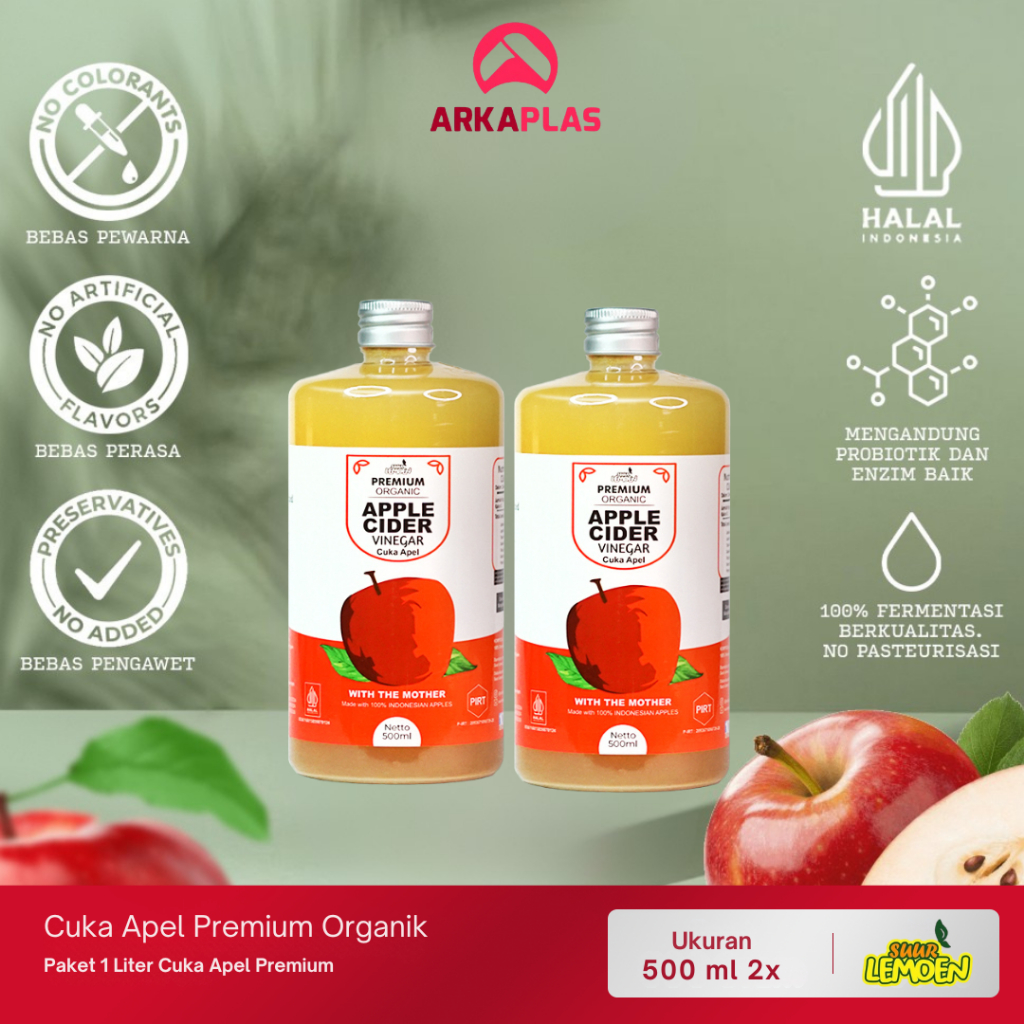 

Cuka Apel Apple Cider Vinegar Paket 1 Liter Premium Organik Suur Lemoen By ARKAPLAS