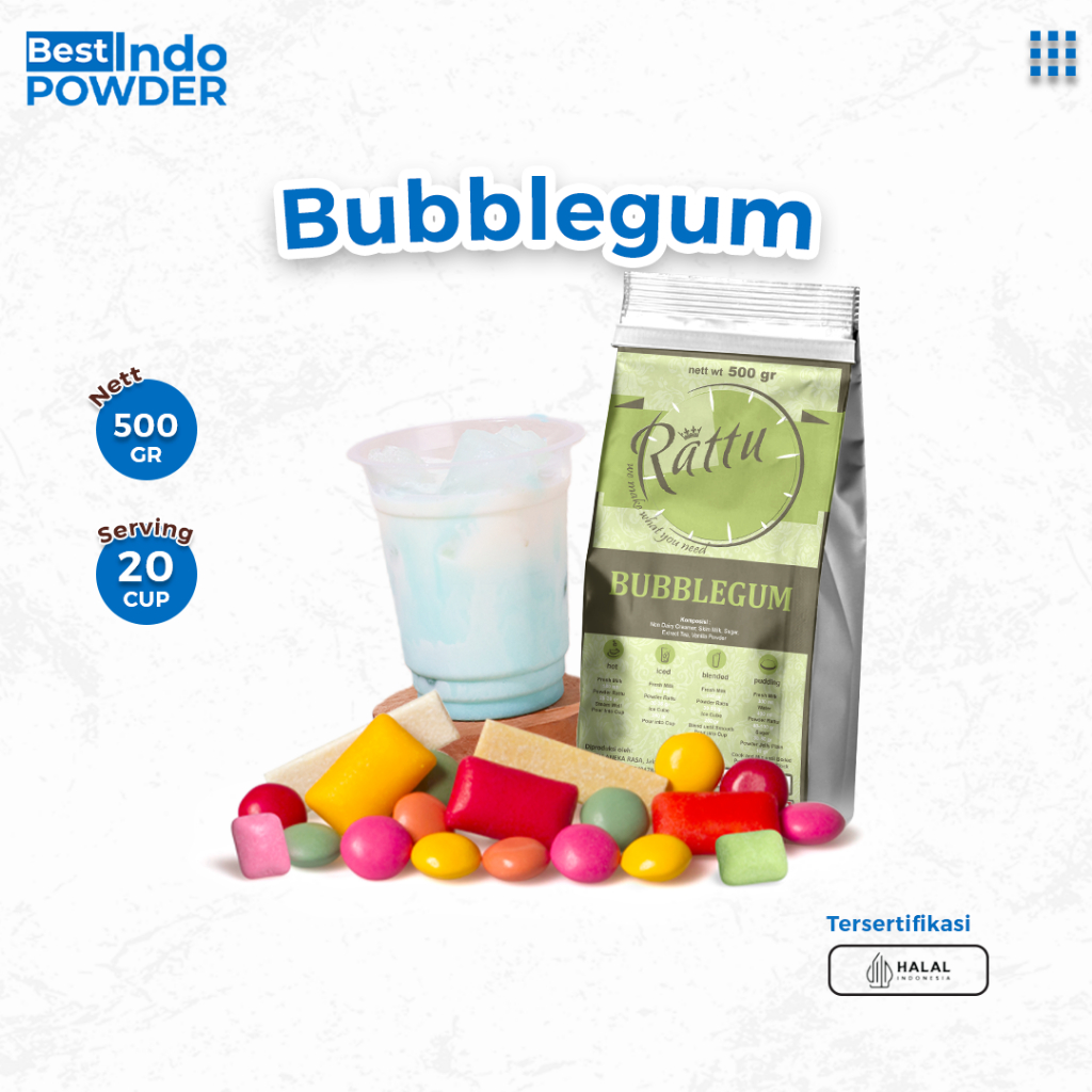 

BUBUK BUBBLEGUM RATTU BEVERAGE 500gr / POWDER PERMEN KARET PREMIUM RATTU BEVERAGE 500gr