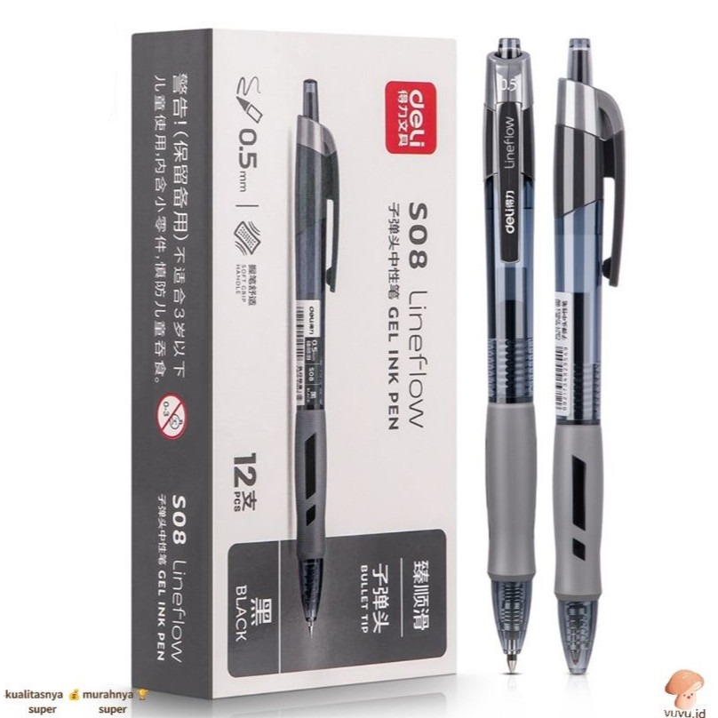 

Ballpoint Pena Cair DELI Gel Pen Tekan Rectract 0.5 mm S08 Ujung Lancip