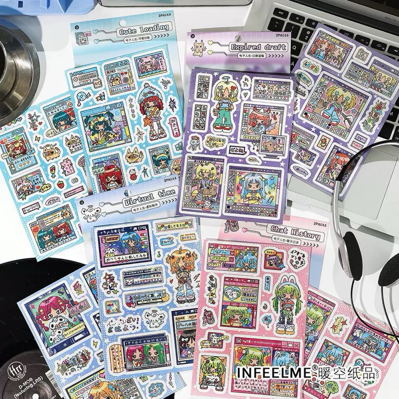 

sticker deco isi 2lembar anime japan girl computer vibes dekorasi journal stiker readystock B2227