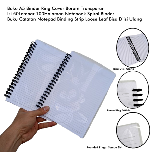 

Buku A5 Binder Ring Cover Buram Transparan Isi 50Lembar 100Halaman Notebook Spiral Buku Catatan Notepad Binding Strip