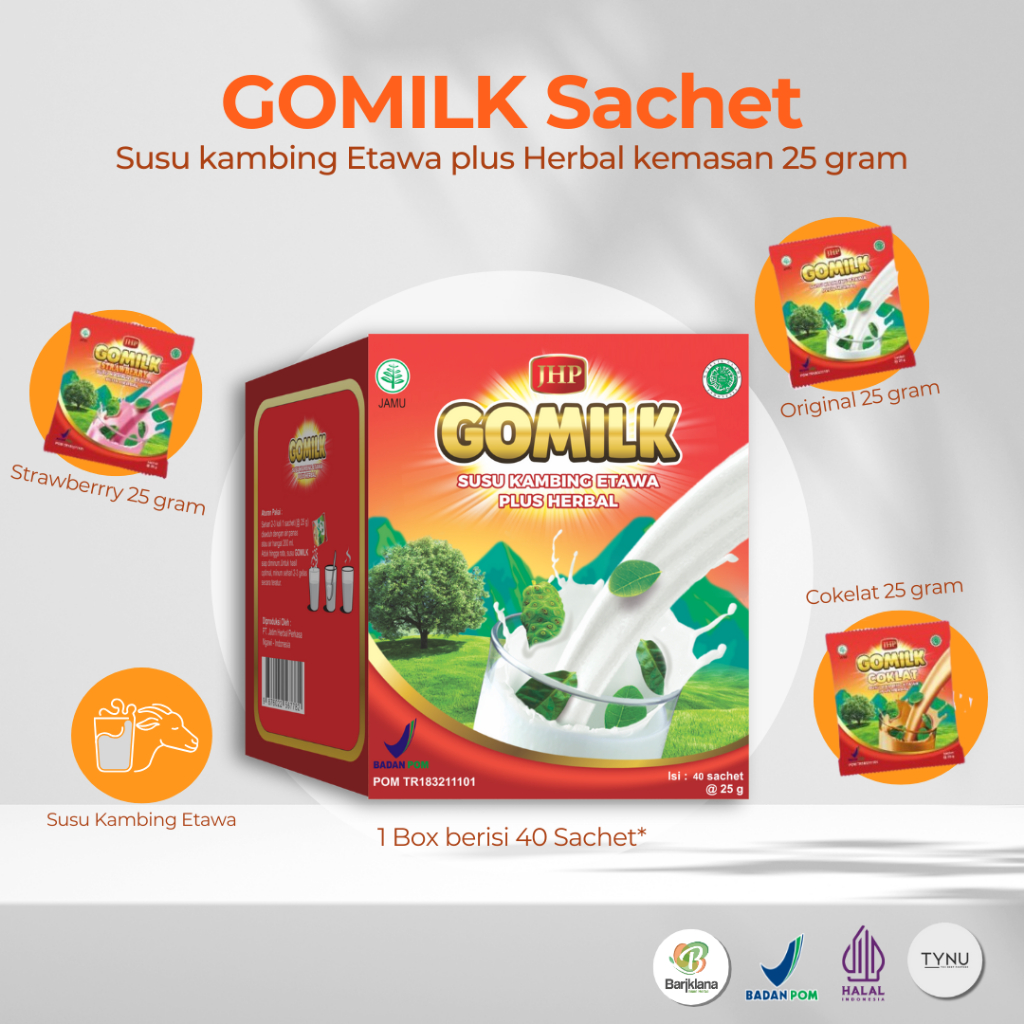 

Susu kambing etawa bubuk sachet gomilk 25 gram, 1 Box = 40 Sachet