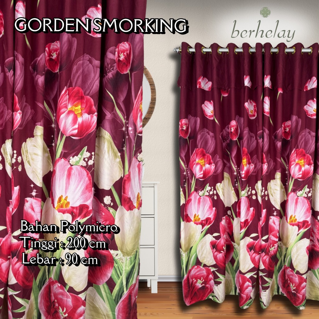 Gorden Smokring + Poni 12 Ring Polymicro Pintu Atau Jendela Motif Bunga Tulip Merah