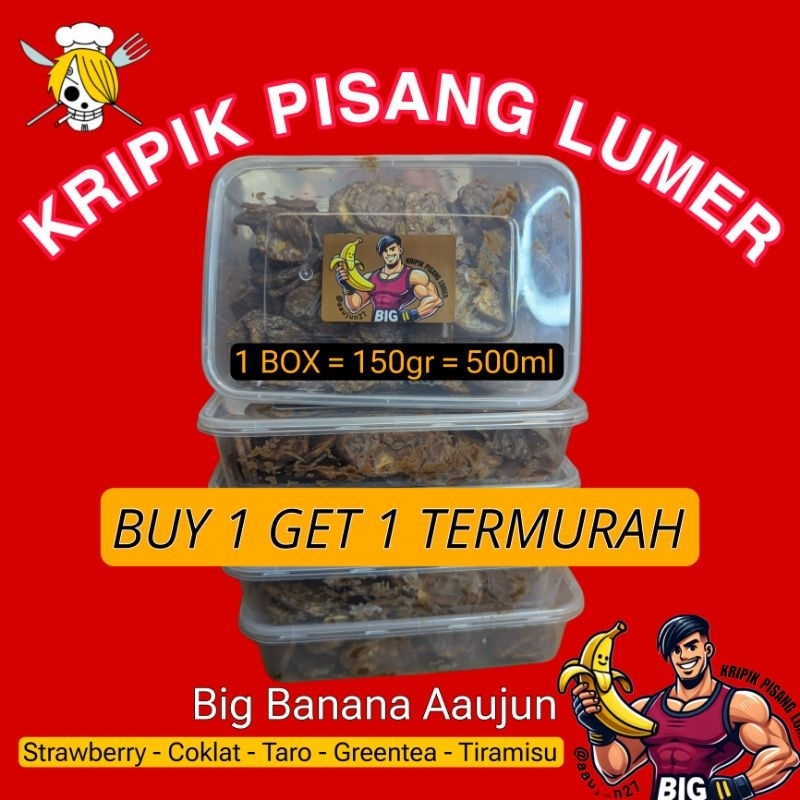 

BUY 1 GET 1 KRIPIK PISANG LUMER COKLAT STRAWBERRY TARO TIRAMISU GREENTEA BIG BANANA AUJUN NAGIH