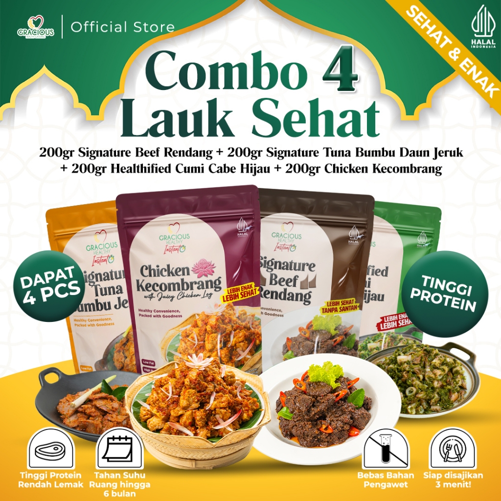 

Gracious Combo 4 Lauk Sehat | Beef Rendang + Tuna Daun Jeruk + Cumi Cabe Hijau + Chicken Kecombrang