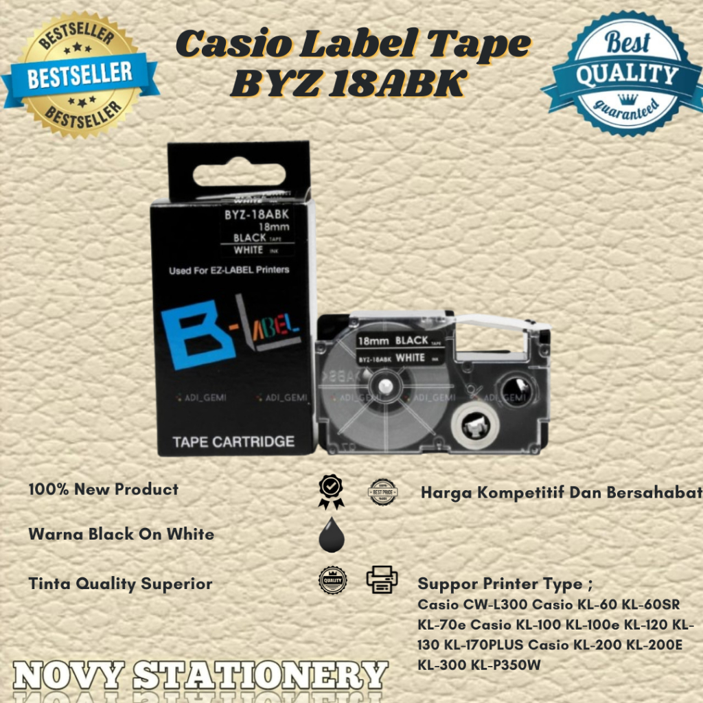 

Compatible Casio Labe Tape BYZ 18ABK, BYZ 18BU, BYZ 18YW, BYZ 18RD, BYZ 18WE, BYZ 18GN - KL-60 KL60SR KL-70E