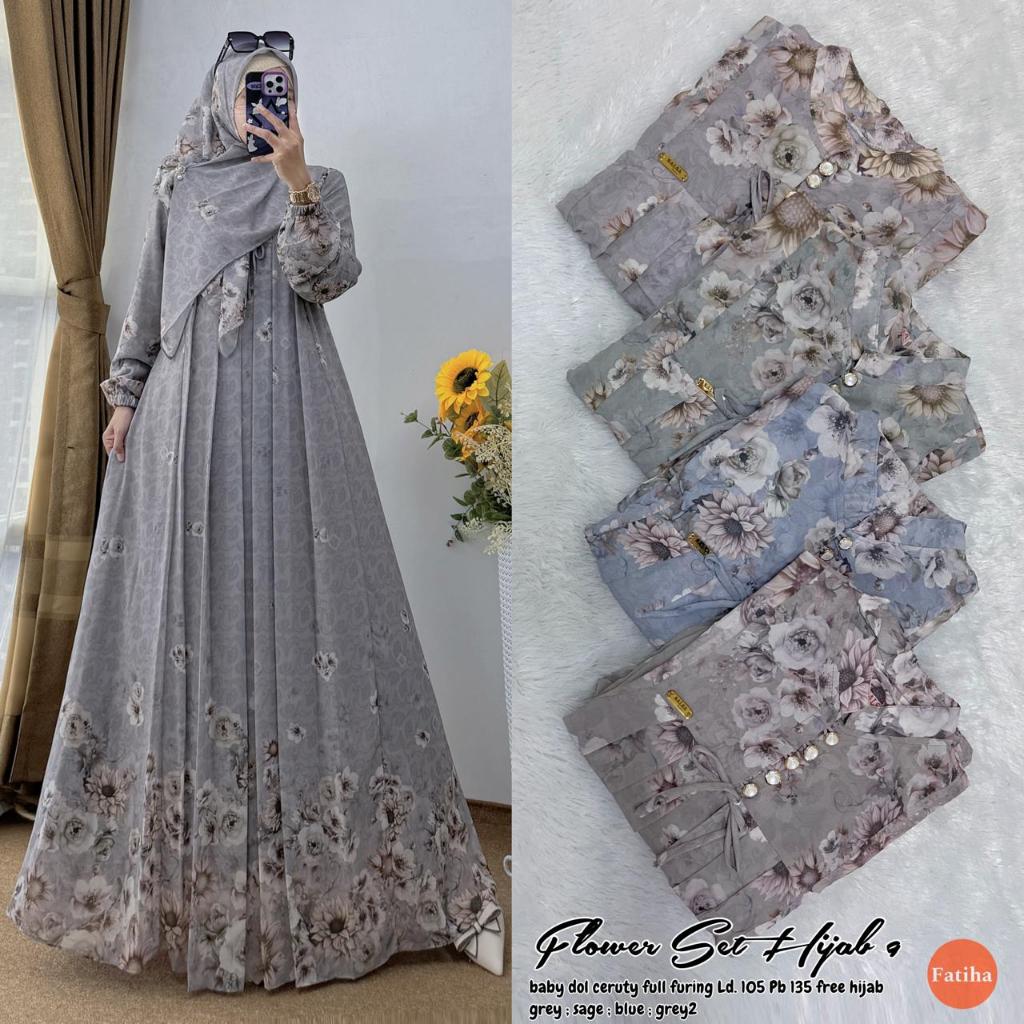 NEWW FLOWER DRESS//FLOWER SET HIJAB 9 ORIGINAL FATIHA SETELAN DRESS CERUTY FULL FURING FREE HIJAB SE