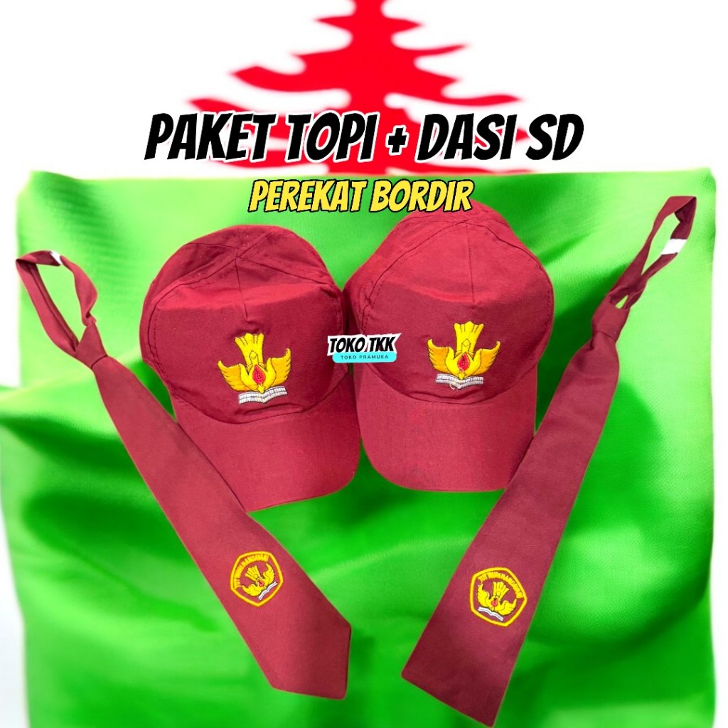 1 paket Topi SD Merah Perekat & Dasi perekat SD bordir (putra/putri)