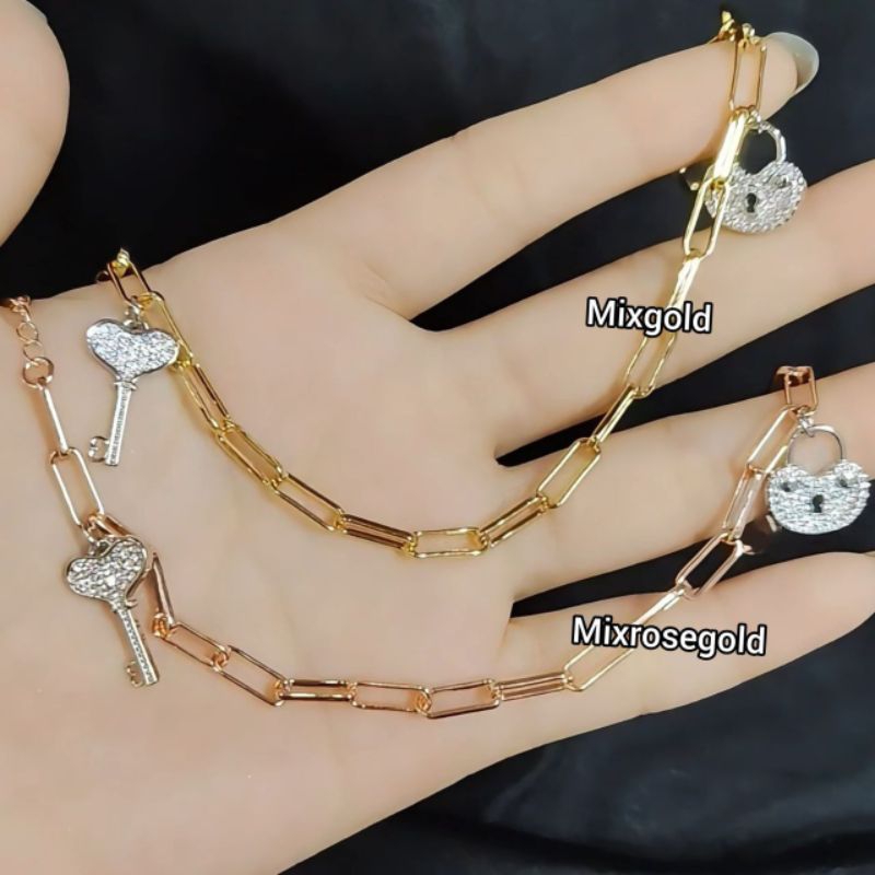 xuping88 gelang rantai paperklip motif gembok/kunci unik lapis emas titanium bronze 18k