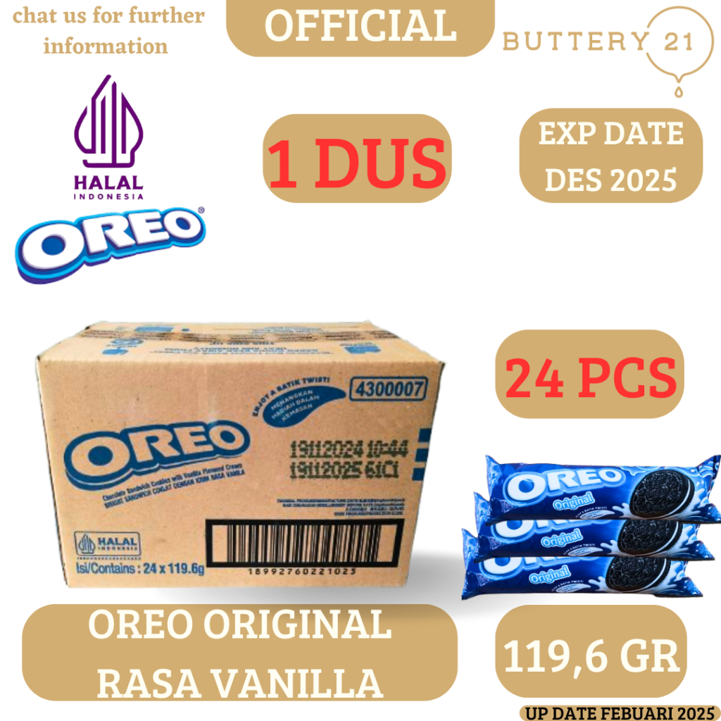 

1 DUS OREO ORIGINAL VANILLA 119,6 GR(1 DUS X 24 PCS)/OREO ROLL/OREO BISKUIT/OREO RASA VANILA/OREO CELUP