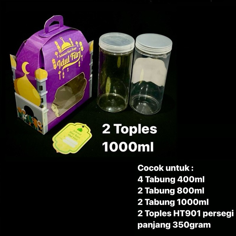 

( 5 pcs ) dus tenteng ungu lebaran muat 4 toples kue kering 400ml box jendela mika laminasi luar ukuran 25x25x5.3 cm