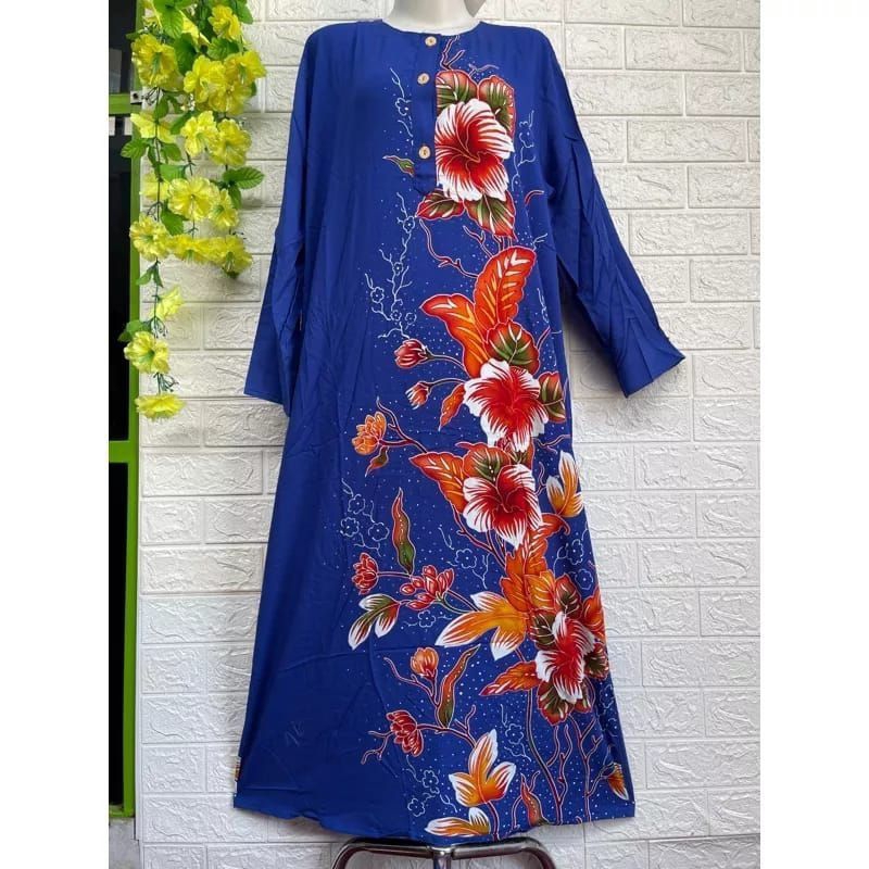 LONGDRESS LENGAN PANJANG KENCANA UNGU LEBEL BIRU LD 120 CM PB 130 CM DASTER LONGDRESS BATIK KENCANA 
