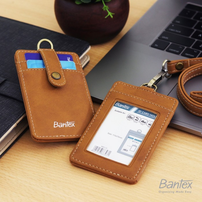 

Bantex Leather Name Tag / ID Card Holder Button Kulit Sintetis Lanyard Tali Warna Brown #8883