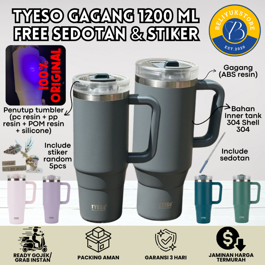 Tyeso Tumbler Gagang Stainless 1200ML JUMBO / Tumbler Tyeso Ukuran Besar / Tyeso Tumbler Handle Port