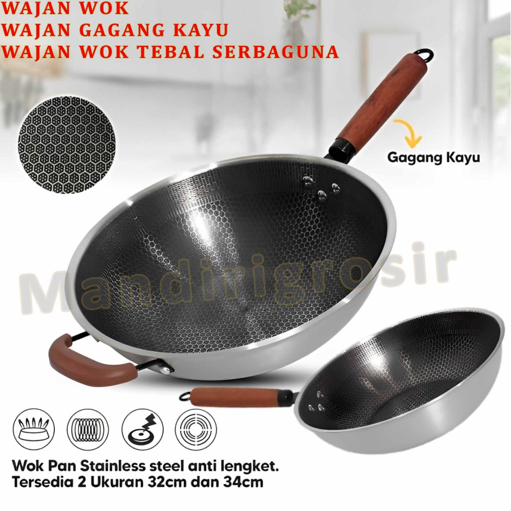 Wajan Stainless Gagang Kayu * Wajan Wok * Wajan Wok Tebal Serbaguna