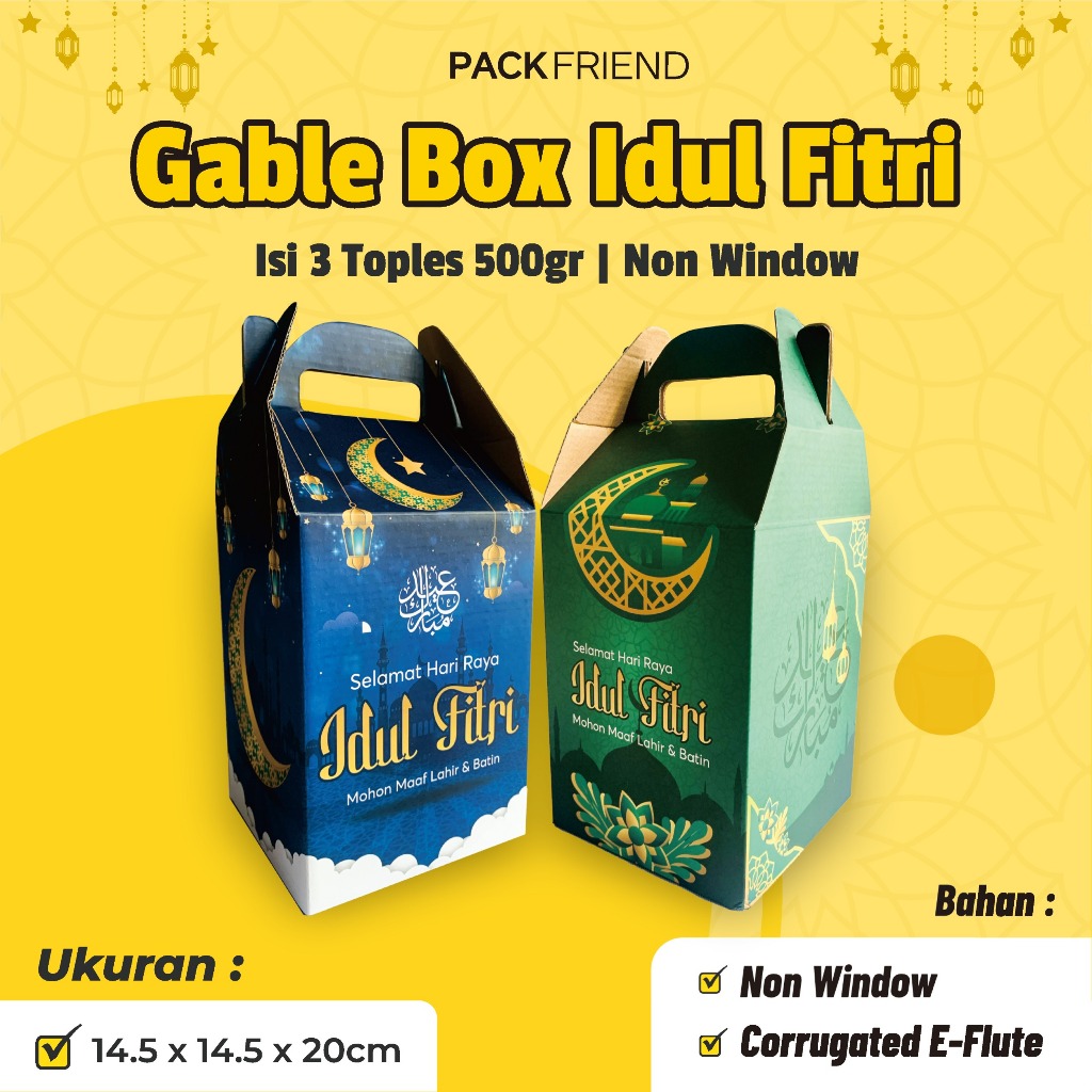 

Gable Box Lebaran 14.5x14.5x20 cm/ Box Jinjing 3 Toples 500gr NON WINDOW/ Box Hampers Idul Fitri/ Box Lebaran Parcel/ Souvenir Gift Eid Mubarak