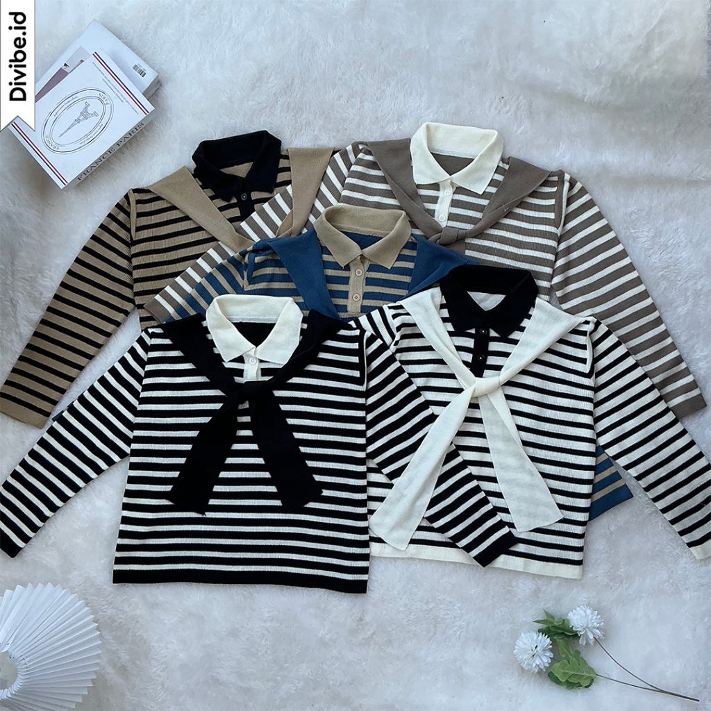 Clarista Sweater Knit - Rajut Atasan Wanita - Motif Garis Tali Pita