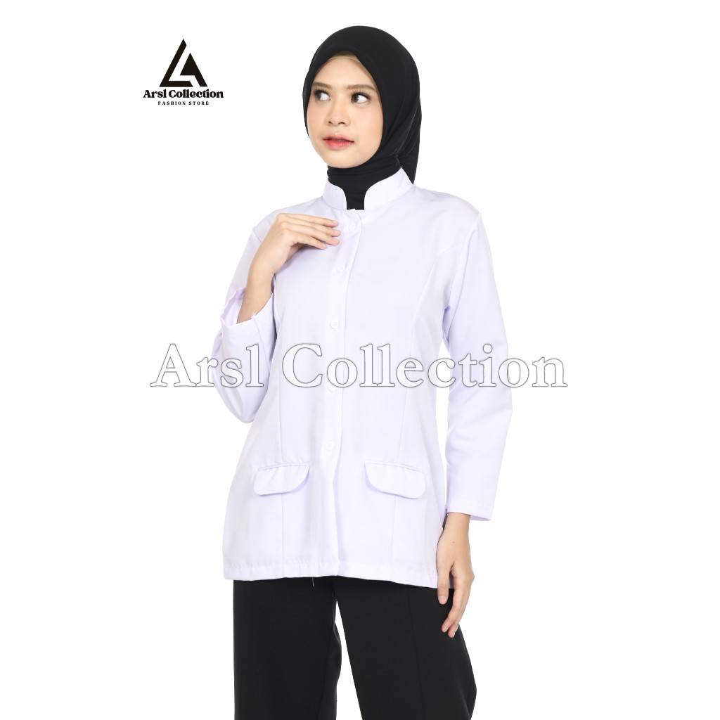 Kemeja Putih Wanita PNS – Model Kerah Shanghai Lengan Panjang & Saku Atas Panjang & Pendek
