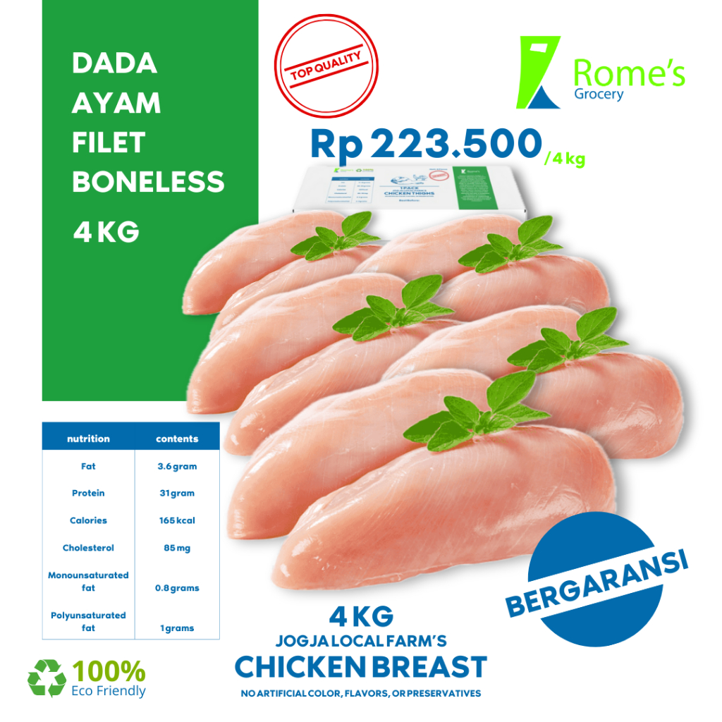 

Dada Ayam Filet Boneless | 4 Kg | Fresh 100% | Bergaransi | Rome's Grocery