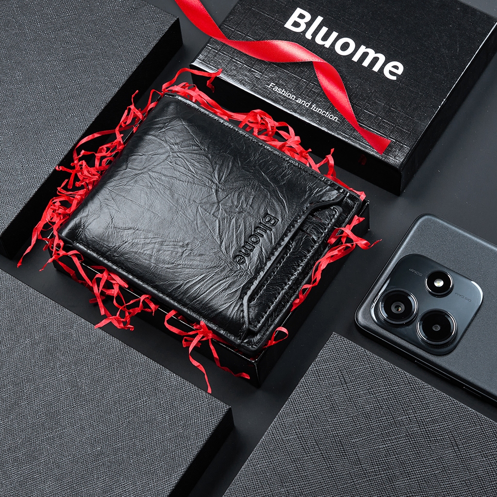 OOTD Bluome Dompet Kulit Pria Keren Slot Kartu Dompet Lipat Pendek Cowok Resleting Wallet Card