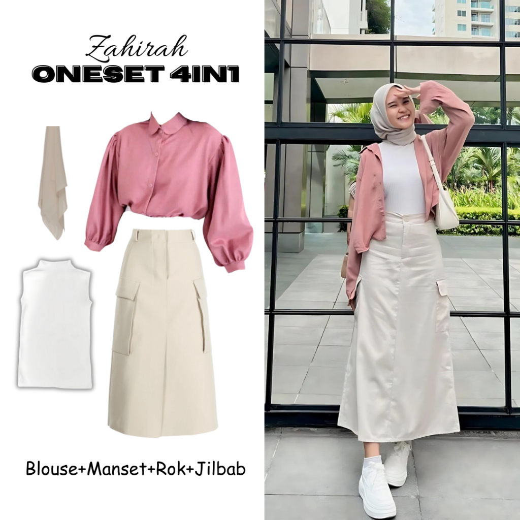 oneset 4in1 Atasan blouse kemeja elze pink manset putih rok cargo cream jilbab bella cream | perempu
