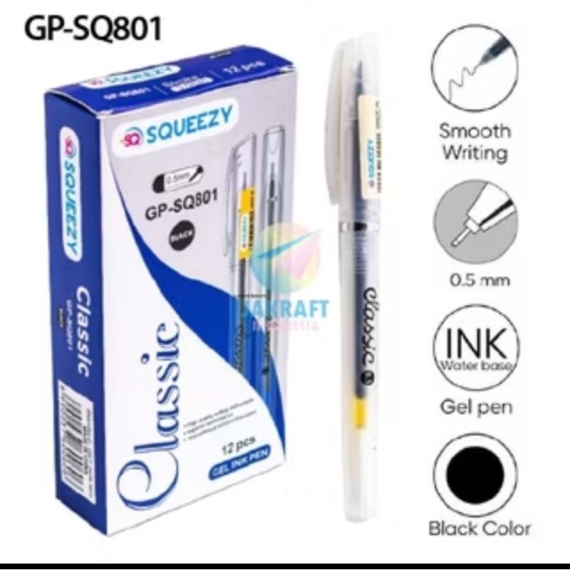 

Bolpen Gel Pen SQUEEZY GP--SQ801 Classic. 12 PCS tinta Hitam