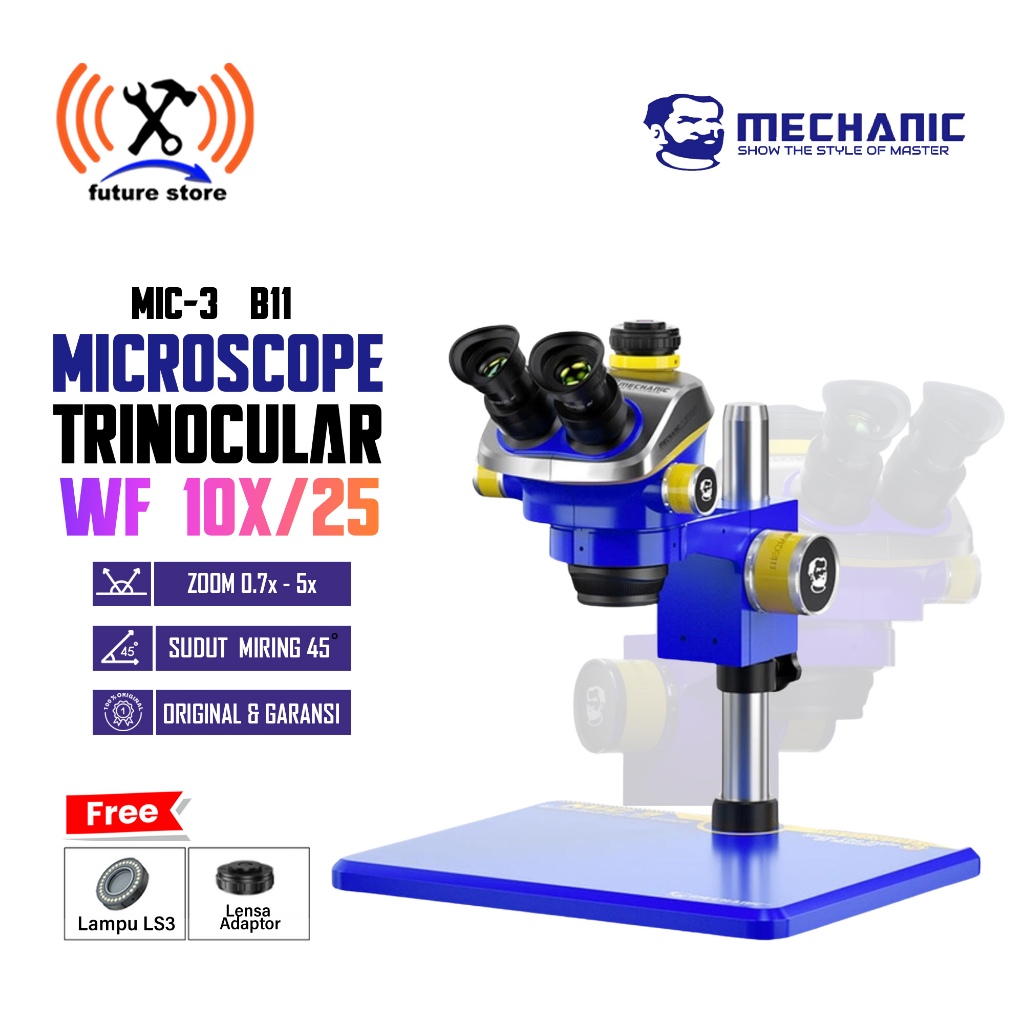Mechanic MIC3 B11 Microscope Trinocular Stereo Original  ( FREE LAMPU ) - Mikroskop Trinocular Stere