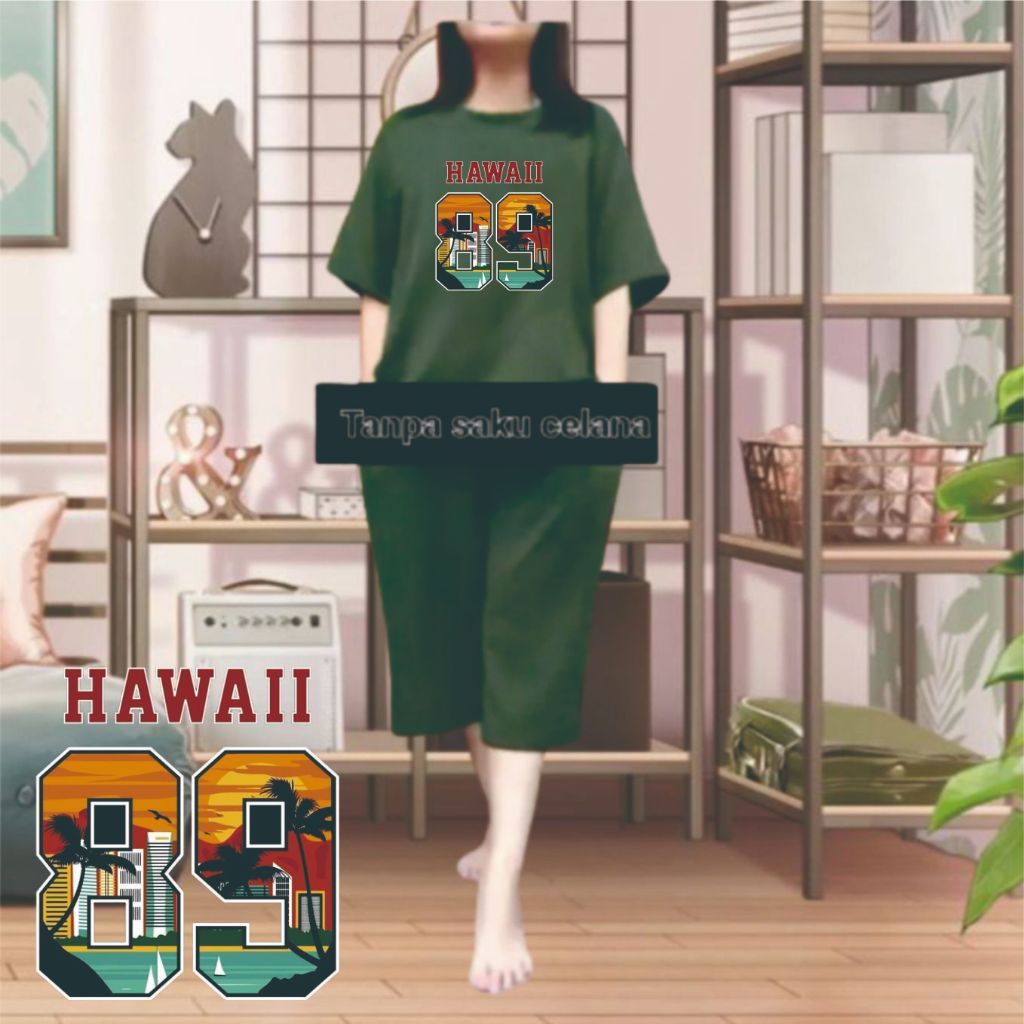 Setelan Wanita One Set Jumbo Kaos Atasan Wanita Baju Oversize Celana Kulot Terbaru HAWAI 89