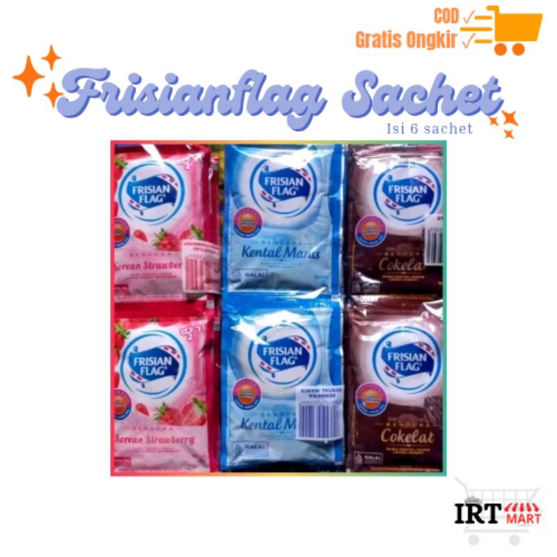 

FRISIANFLAG Susu Bendera Sachet 1 Pak Isi 6 Sachet Aneka Rasa ( Vanilla, Coklat, Strawberry)