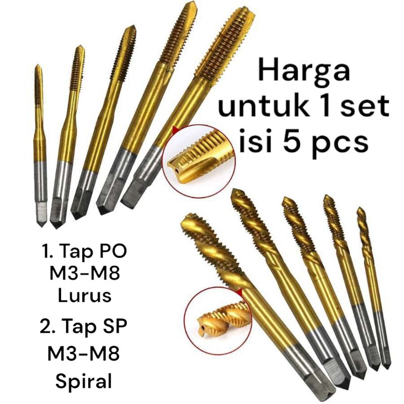 5pcs Hand Tap Set Tap Alat Pembuat Drat Perbaikan Drat selek/Aus Untuk Baut 5 - Baut 12 Tap Lurus / 
