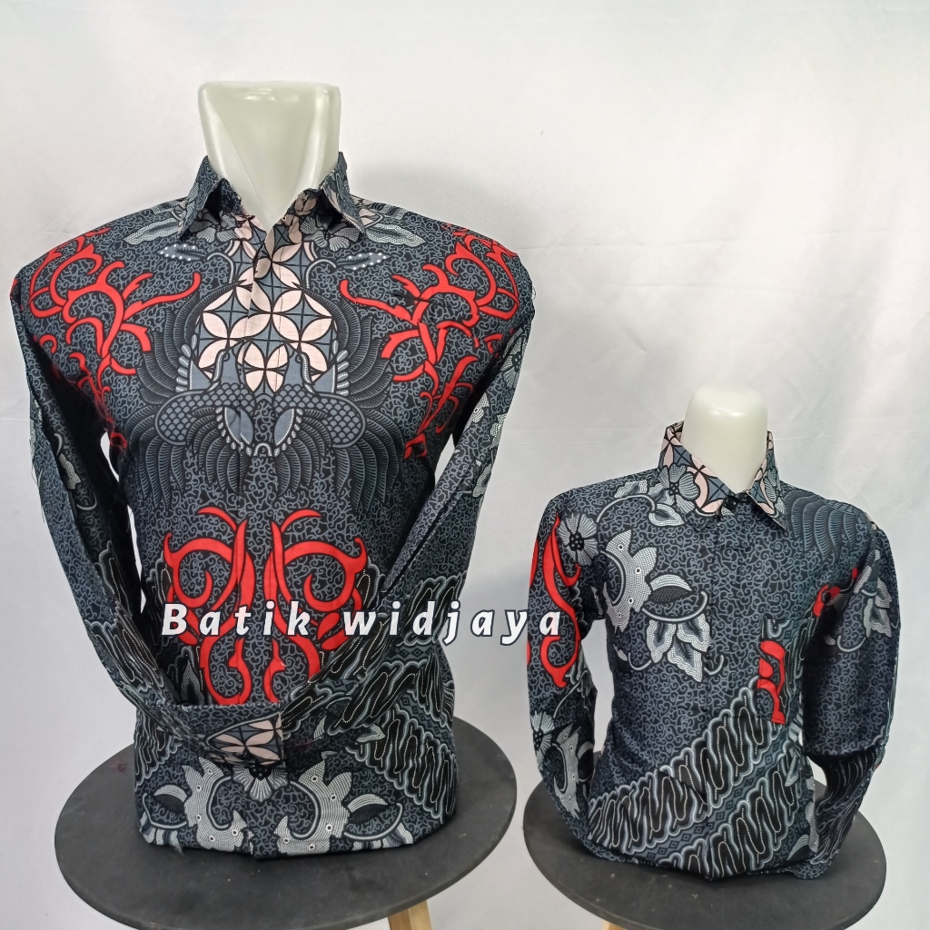 batik couple ayah anak abu abu mix merah cabe katun premium / batik ayah anak dark grey premium cod