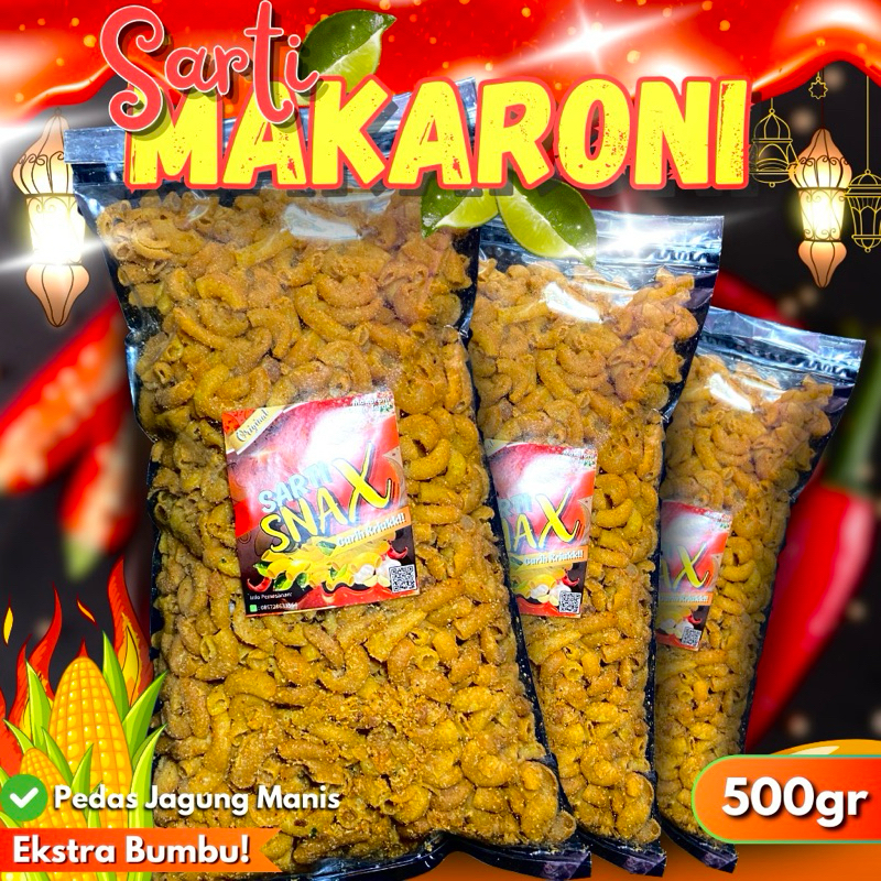 

SARTI SNAX Makaroni Pedas Jagung Manis Gurih Renyah (tidak alot) kemasan 500gr 1/2Kg