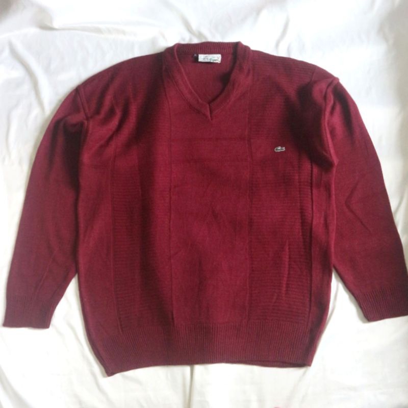 Lacoste Chemise Vneck Vintage 80s Big Logo Maroon Knitwear Sweater Sweatshirt Crewneck Rajut Wool Ja