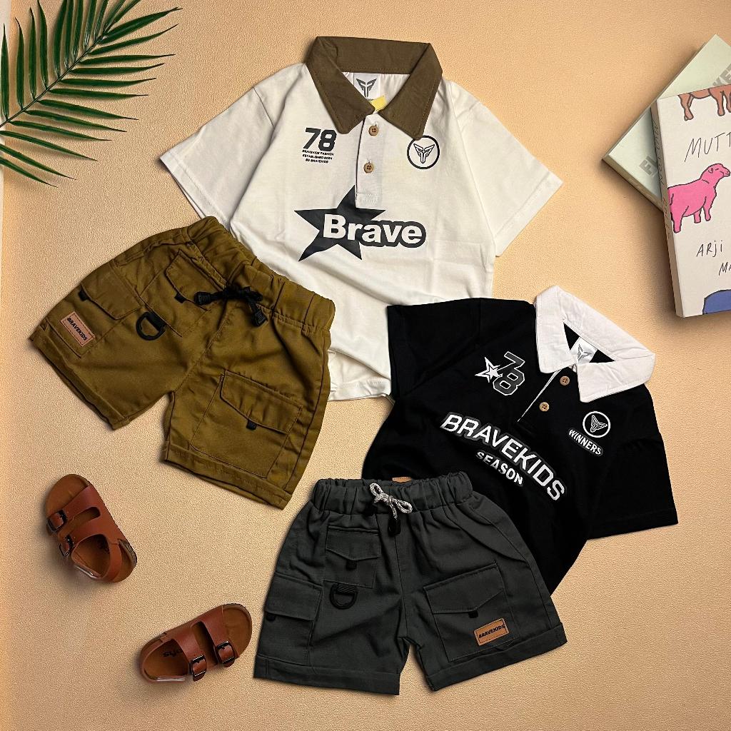 BRAVEKIDS FASHION SETELAN ANAK LAKI LAKI RUGBY TEES KATUN 24S UMUR 1-5 TAHUN T-SHIRT & CELANA COTTON DRILL KARGO COMBED NYAMAN & GAYA SIZE S-M-L BAHAN PAKAIAN ONE SET BAJU ANAK LAKI LAKI COTTON COMBED 24S SABLON PLASTISOL