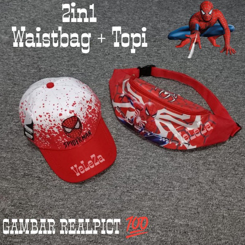KODE E75F Waistbag anak karakter spiderman 2in1  Waistbag  topi