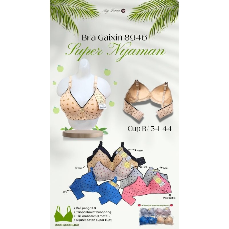 Bra Gaixin 8946 Motif Cup B Tanpa Kawat Size 34-44