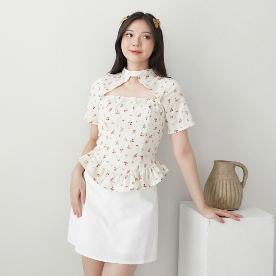 JOUETA | Tofu Top | Premium Floral Coquette Top Atasan Crop Top Crinkle Flower Choker Leher square n