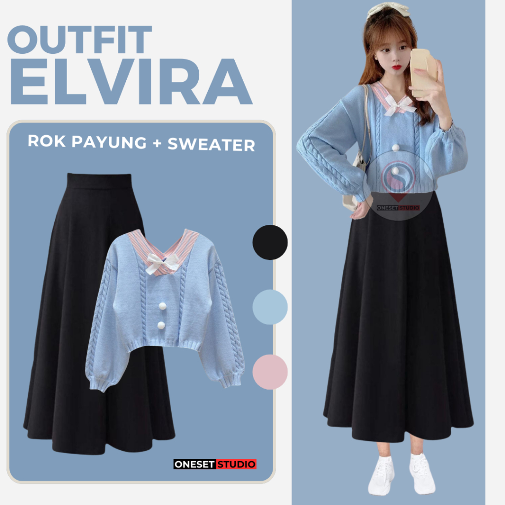 Setelan OOTD Wanita Kekinian Remaja ( Sweater + Rok Payung ) One Set Korean Style ELVIRA