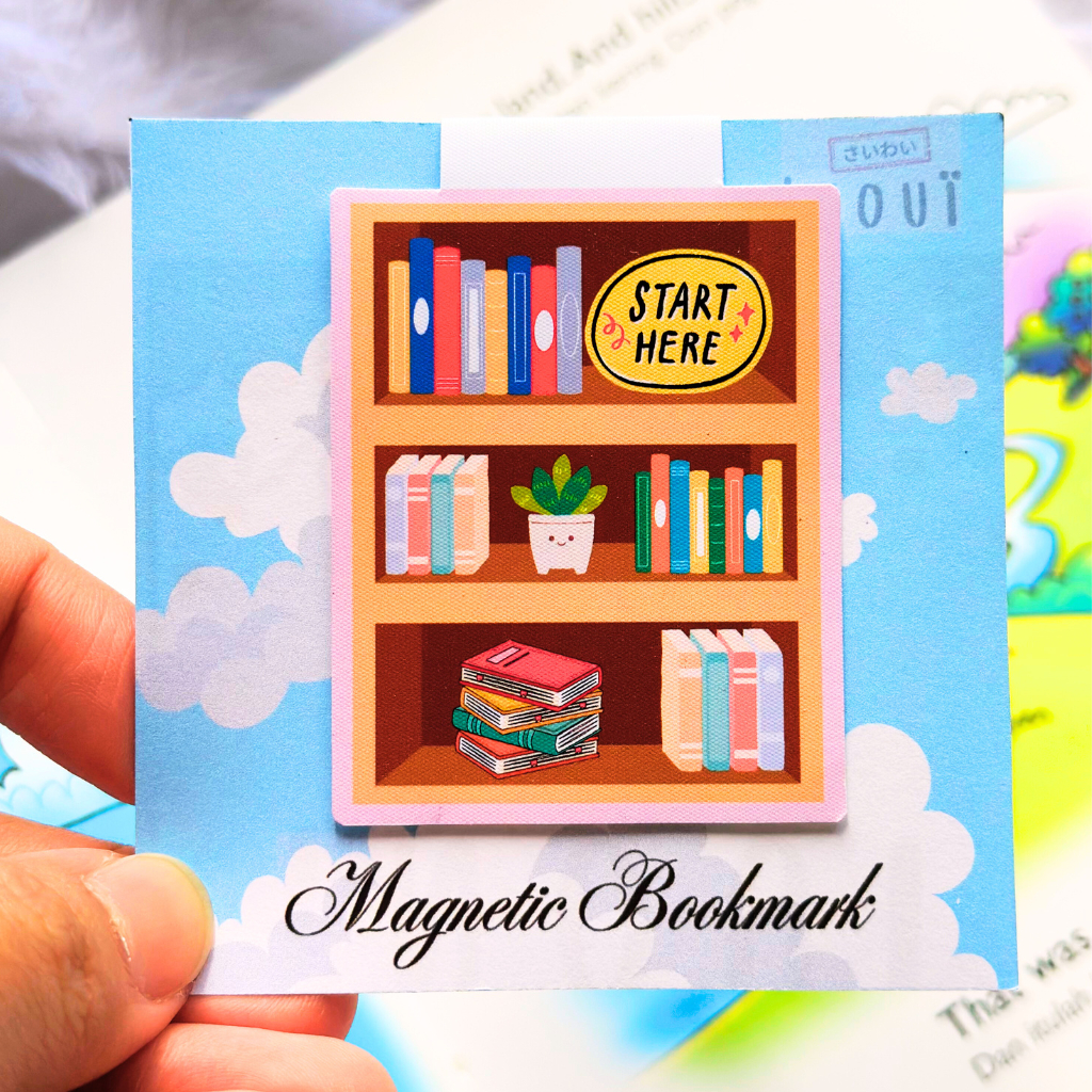 

Magnetic Bookmark "Start Here Book Shelf" - Pembatas Buku Gambar Rak Buku estetik dengan kaktus Succulent Waterproof