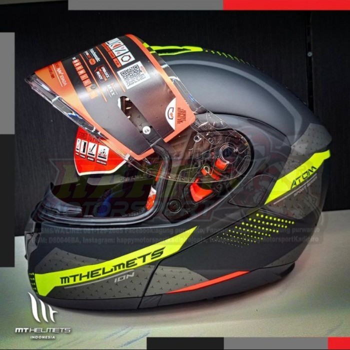 Helm MT Helmets Atom SV Ion A3 Matt Fluo Yellow Full Face Modular