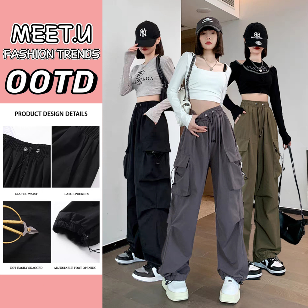 MEET.U Celana Kargo Khaki Lebar Wanita Celana Kasual Panjang Karet Wanita Gaya Korea