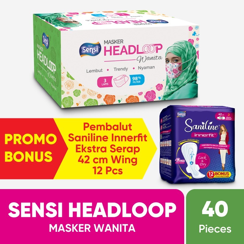 SENSI HEADLOOP MASKER WANITA BONUS SANILINE INNERFIT EKSTRA SERAP 42 WING 12 PC
