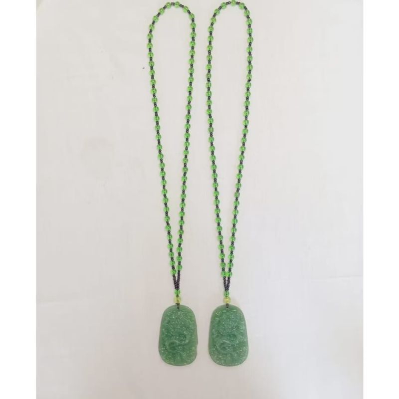 Kalung Giok Keberuntungan Kesehatan Liontin Giok hijau Jade Burma Grade A+ ukiran Naga & Dewi Rezeki