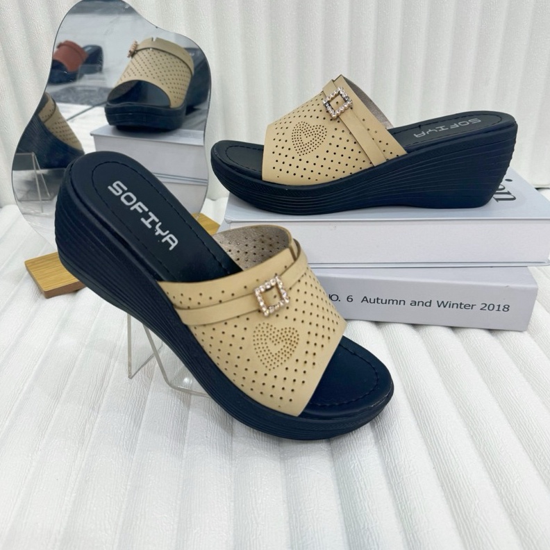 KODE F97I Sandal Wedges Sofia Import Terbaru 222Sandal Wanita Wedges Selop Motif Kekinian