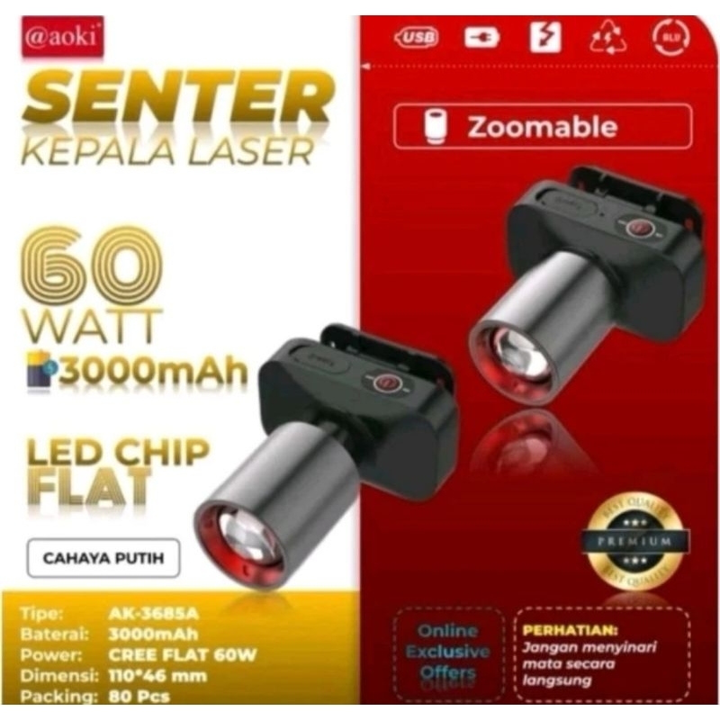 Senter kepala Zoom AOKI 60 Watt AK- 3685 cahaya putih SENTER Aoki 60wa